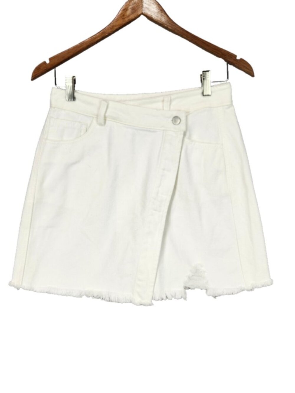 NWT Le Lis Denim Mini Skirt Summer White M Raw Hem Distressed Faux Wrap